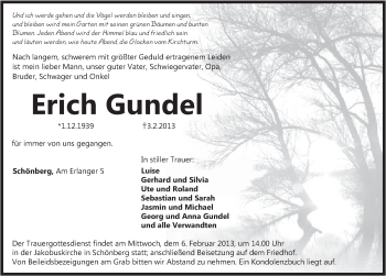 Traueranzeige von Erich Gundel von Pegnitz-Zeitung